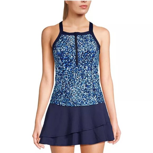 High Neck Zip Front Racerback Tankini Swimsuit Top - Size: 8 Long - NWT - Picture 1 of 15